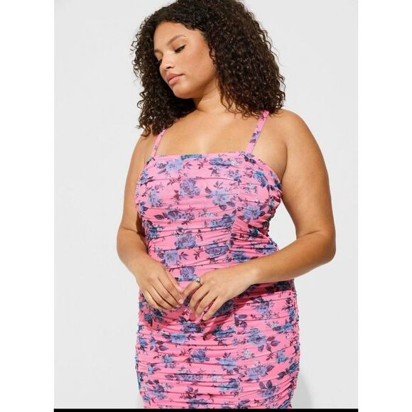 Torrid Mini Shirred Bodycon Dress Size 3X Floral Ruched Pink Mesh Fairy Cottage - Picture 3 of 16